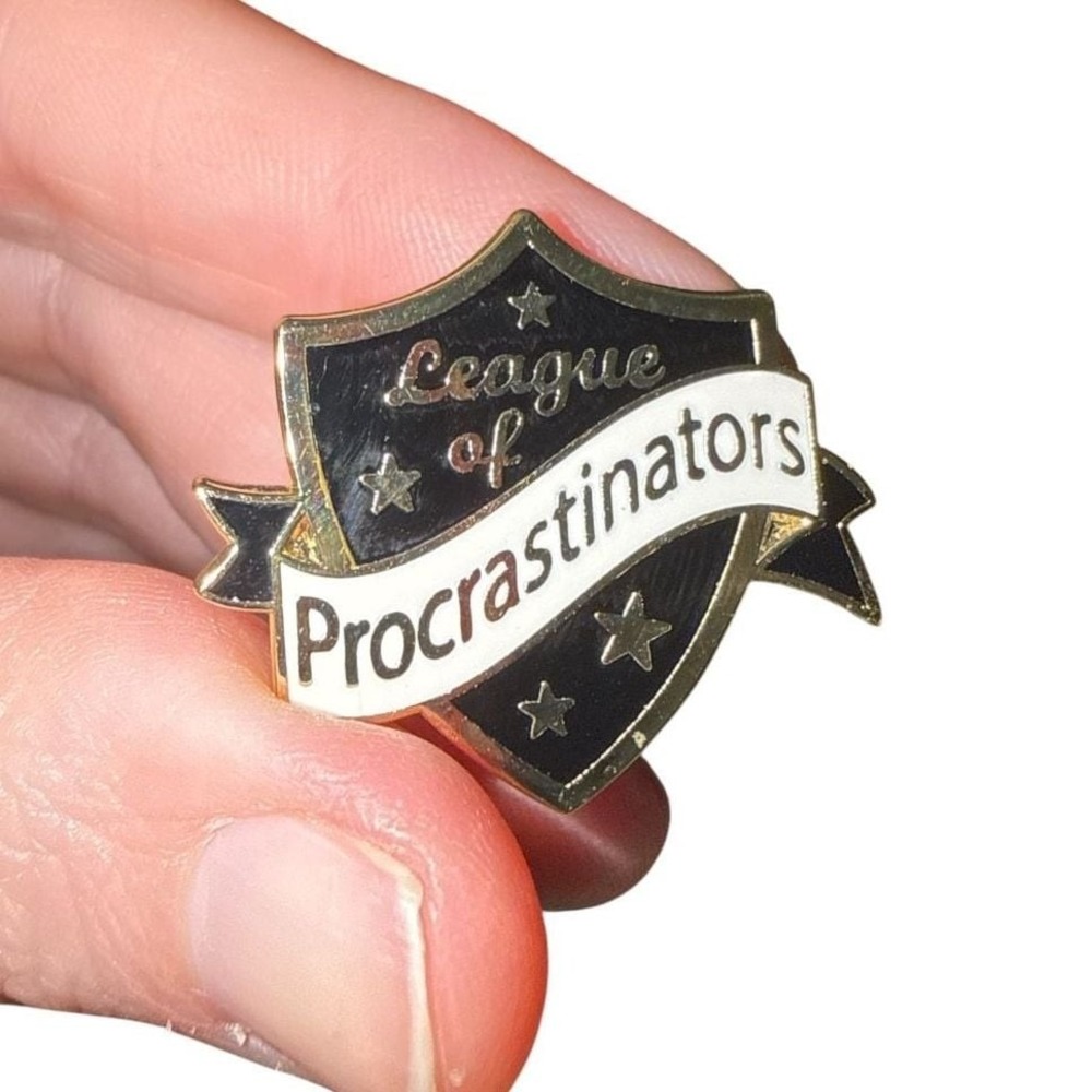 League of Procrastinators Enamel Lapel Pin Shield Badge